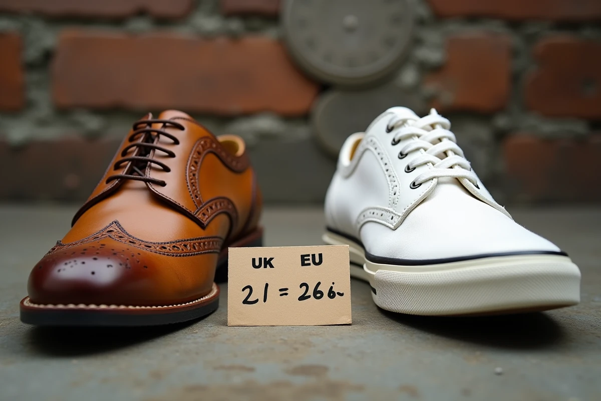 Comparaison de deux grandes chaussures UK et européennes posées côte à côte avec une carte de conversion de pointures manuscrite