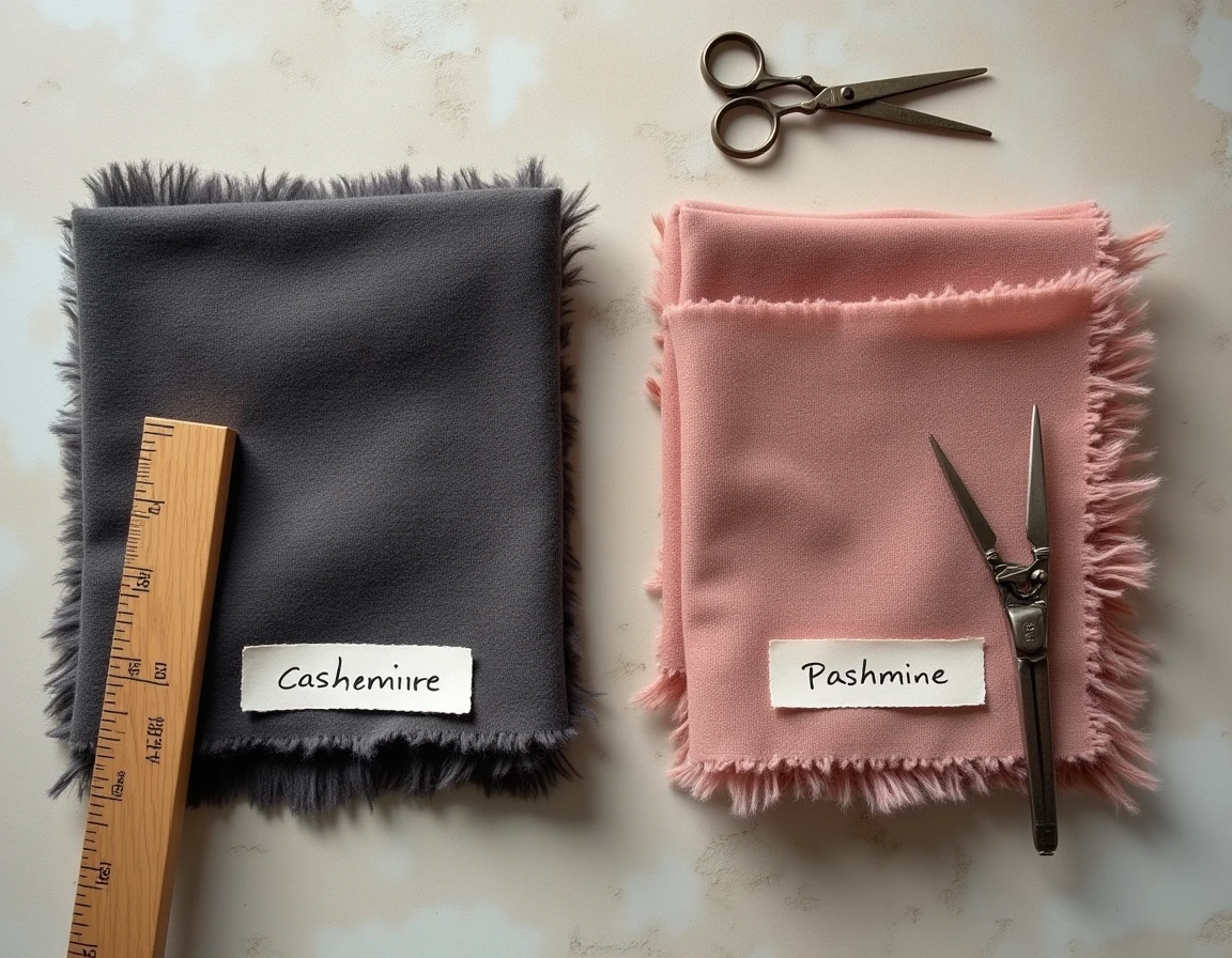 Comparaison côte à côte de tissus cachemire et pashmina en gros plan sur surface en pierre, montrant les différences de texture et de finesse