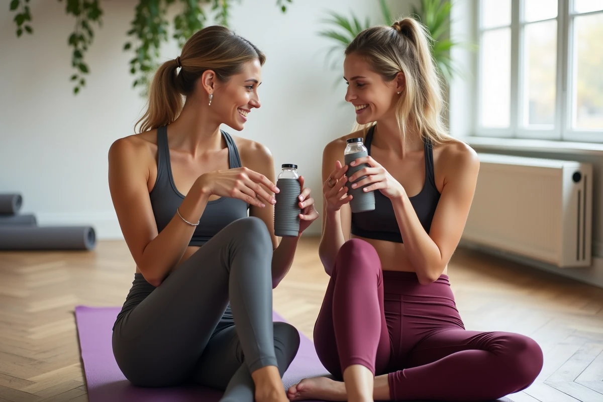 Deux femmes comparant des leggings de sport gainants dans un studio de yoga lumineux