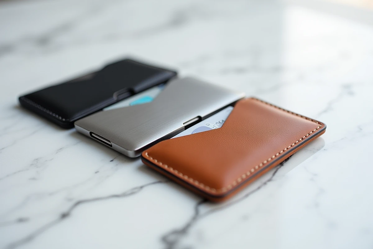 Comparatif de trois porte-cartes homme fins en cuir noir, titane brossé et cuir cognac sur marbre blanc