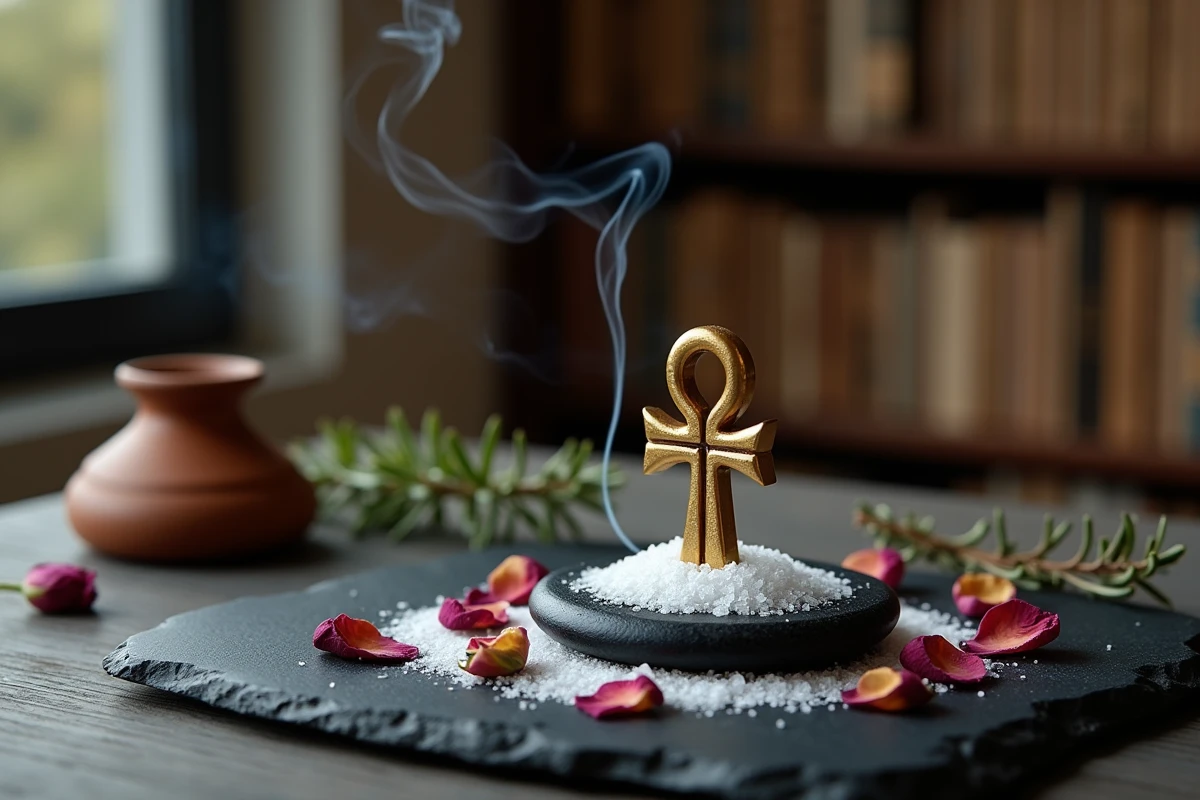 Croix ankh dorée posée sur une pierre de tourmaline noire entourée de sel marin et de pétales de rose séchés pour une consécration rituelle