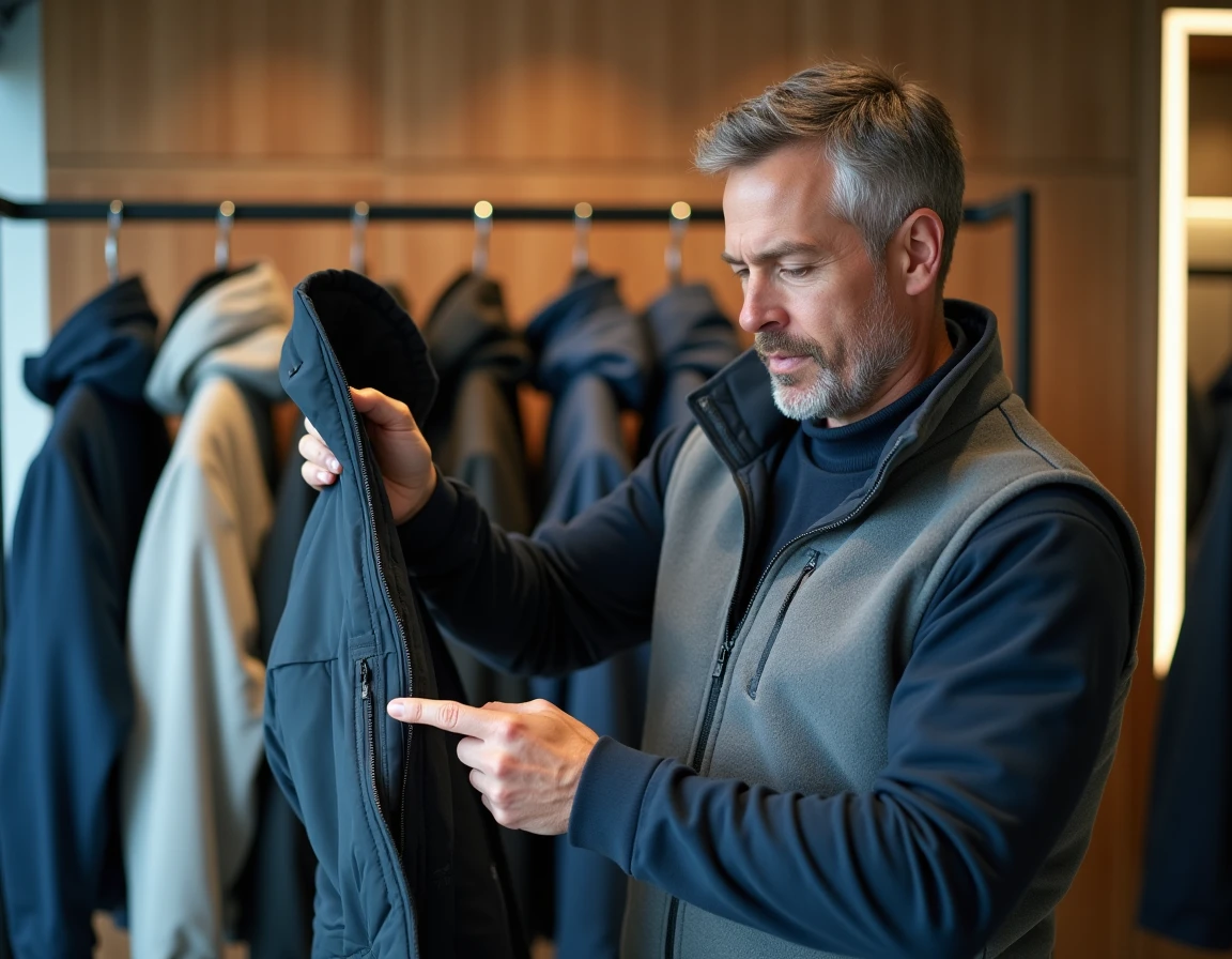 Conseiller en magasin de ski examinant les détails techniques d'une veste de ski haut de gamme en boutique spécialisée