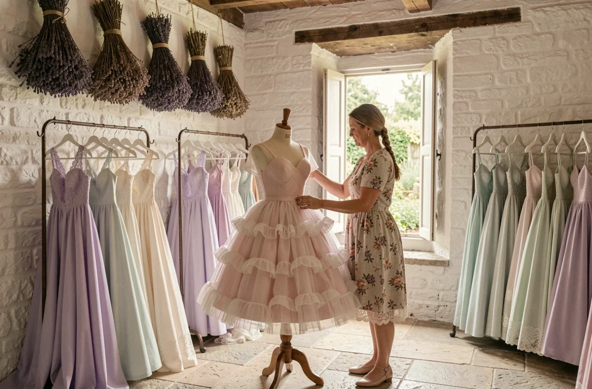 Boutique Cottage aux inspirations champêtres avec des robes de soirée romantiques sur des portants vintage