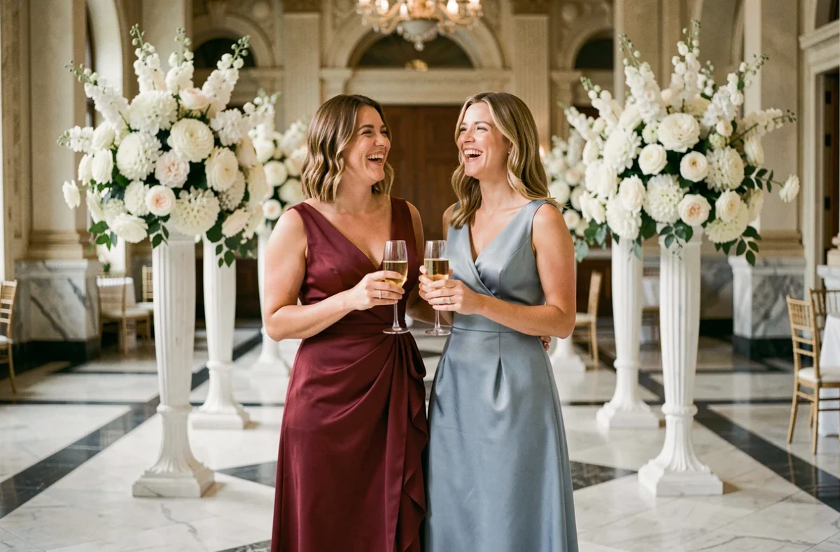 Deux femmes en robe rouge bordeaux et robe bleu poudré satin dans une salle de mariage élégante avec décoration florale ivoire
