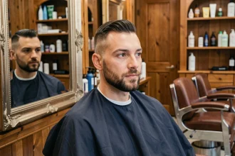 Homme aux cheveux courts coupe couronne et barbe taillée assis dans un fauteuil de barbier moderne avec miroir vintage