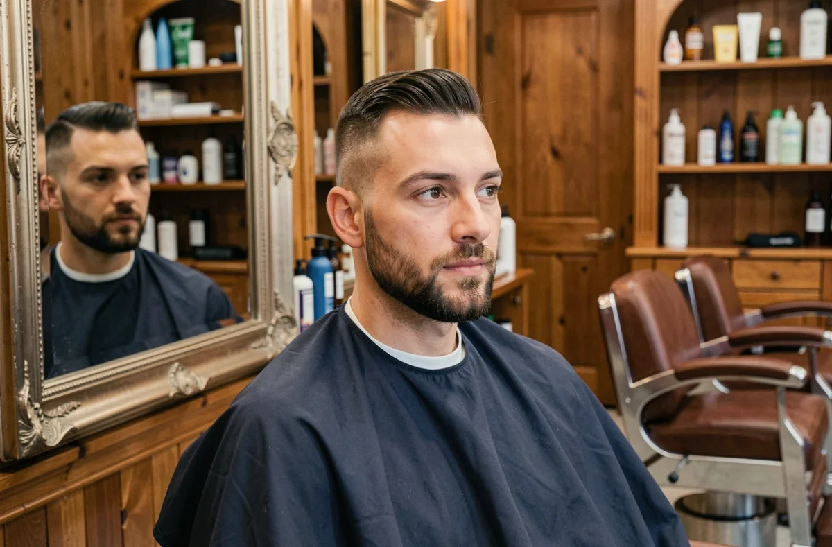 Homme aux cheveux courts coupe couronne et barbe taillée assis dans un fauteuil de barbier moderne avec miroir vintage