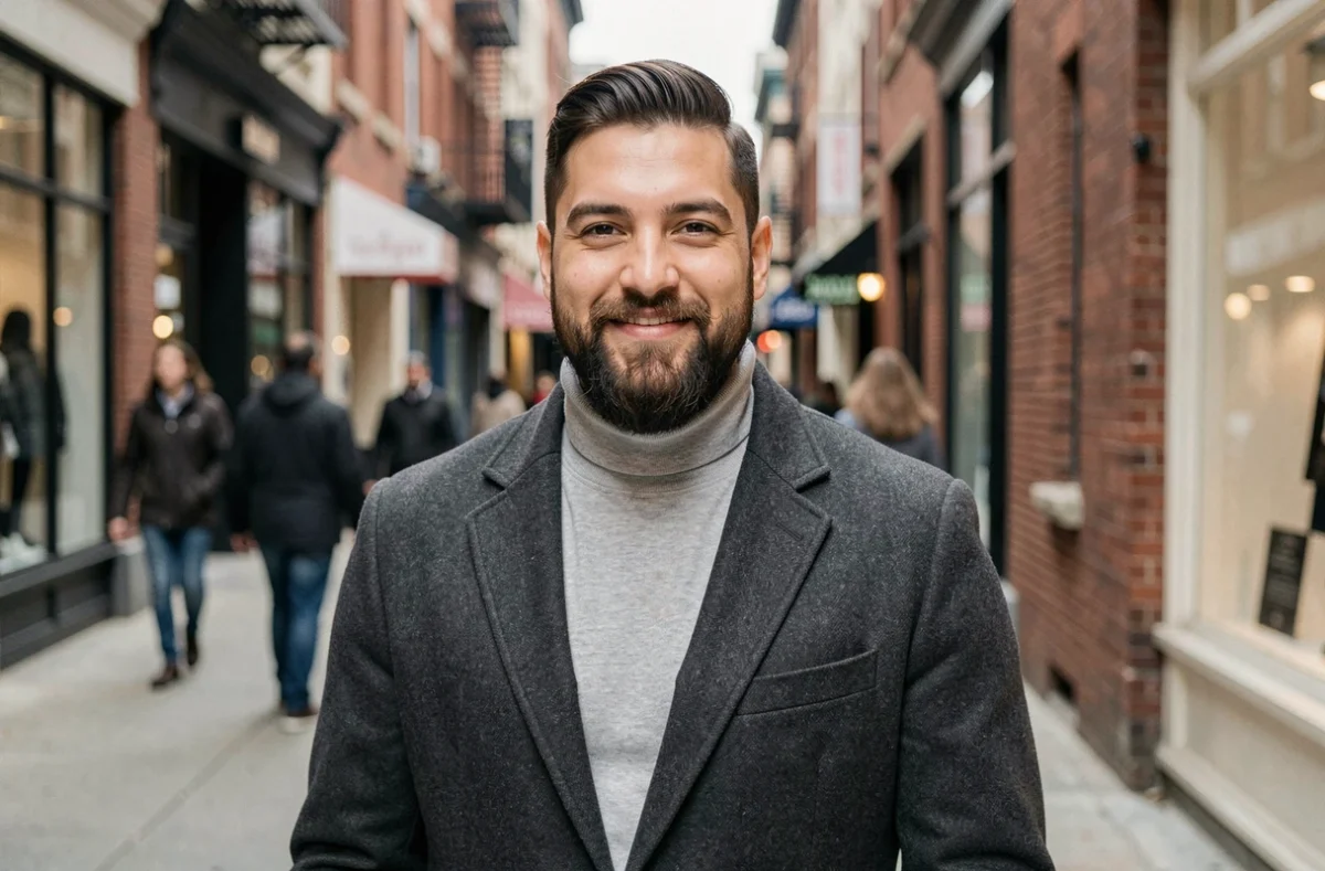 Jeune homme avec coupe couronne texturée et barbe pleine en contexte urbain portant un manteau en laine