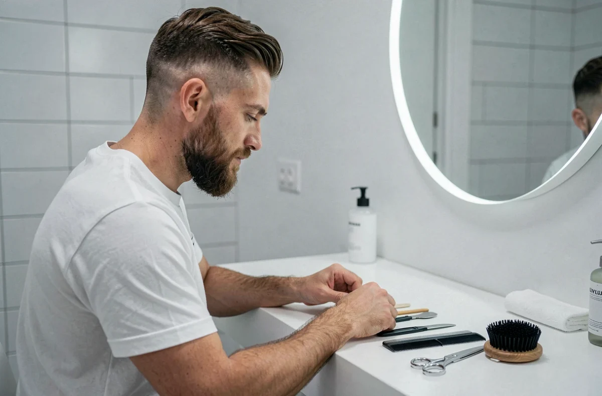 Homme soigné avec coupe couronne fondue et barbe mi-longue devant une coiffeuse minimaliste dans une salle de bain scandinave