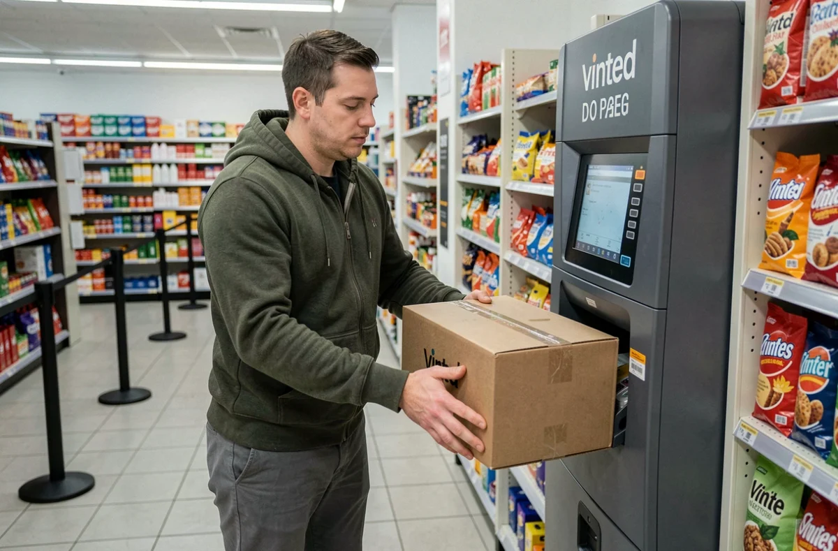 Homme déposant un grand colis dans un point relais Vinted Go à l'intérieur d'un commerce de proximité