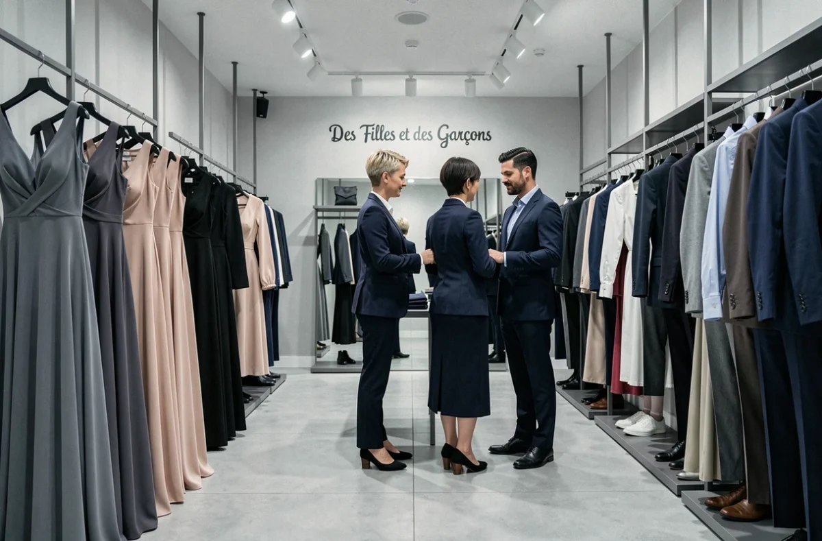 Boutique Des Filles et des Garçons avec robes de soirée et costumes pour couple coordonné