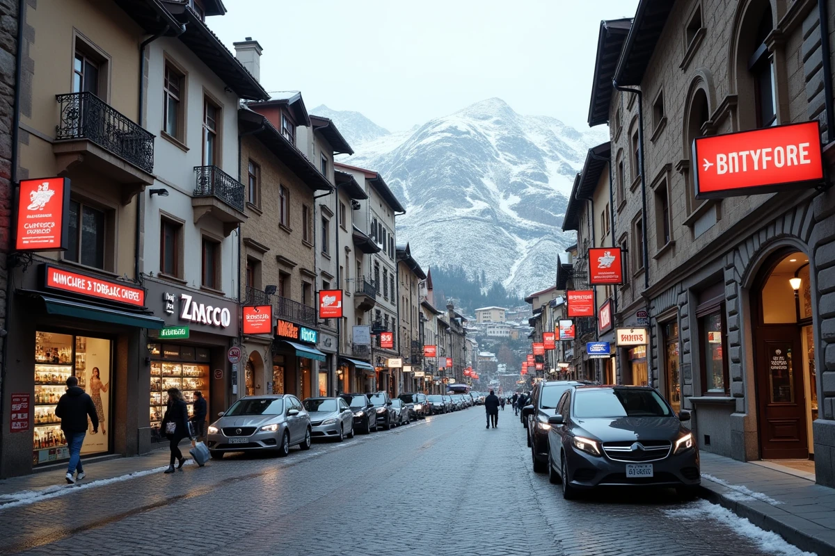Vue extérieure des magasins de tabac et d'alcool dans la rue principale du Pas de la Case en Andorre en hiver