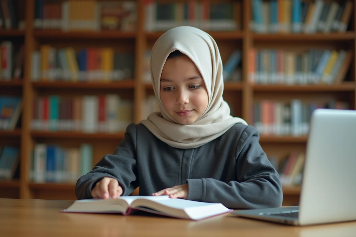 Jeune fille en djilbeb gris anthracite et hijab ivoire étudiant dans une bibliothèque scolaire, mode pudique et fonctionnelle pour adolescentes