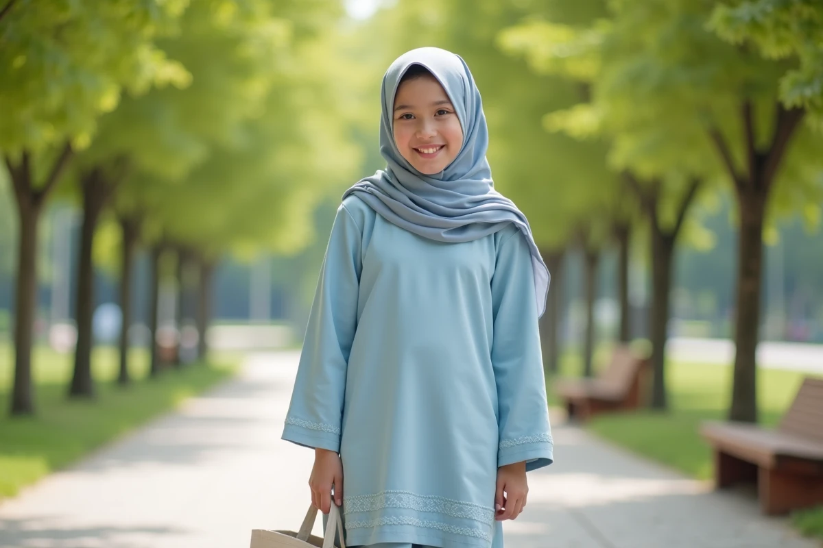 Adolescente portant un djilbeb bleu pastel moderne avec broderies, dans un parc urbain ensoleillé, alliant pudeur et style contemporain