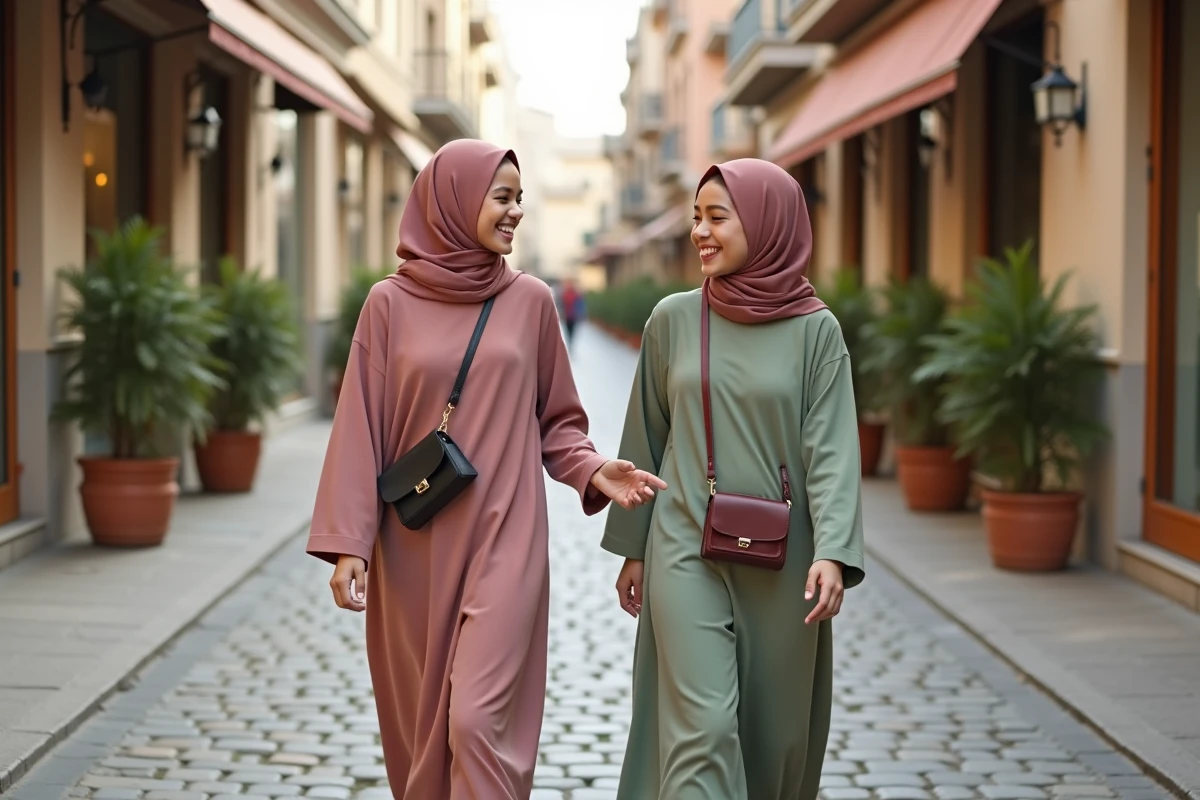 Deux adolescentes portant des djilbebs rose et vert sauge marchant dans une rue piétonne commerçante, style islamique moderne et décontracté pour jeunes filles