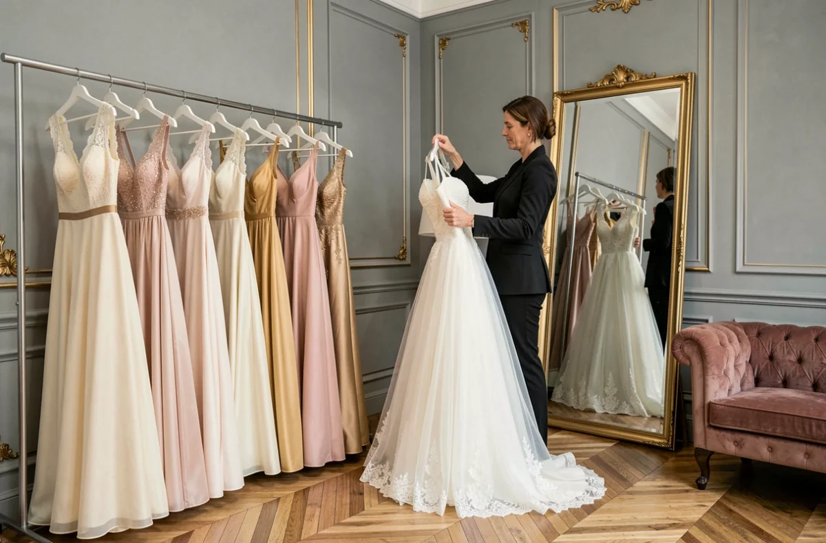 Intérieur de la boutique Emma Cérémonie avec des robes de cérémonie sur des portants élégants