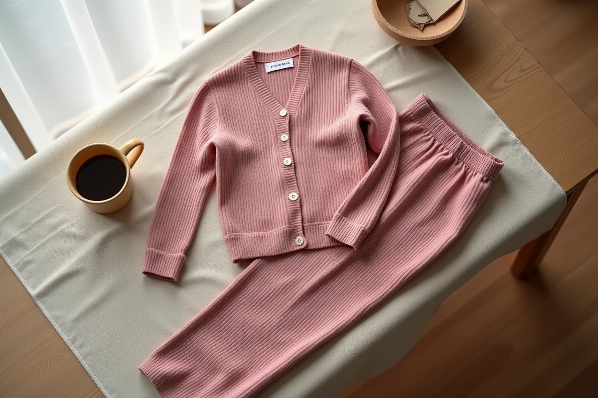 Ensemble pull et pantalon en maille côtelée rose poudré de la boutique Lucie Roussel présenté en flat lay sur lin naturel