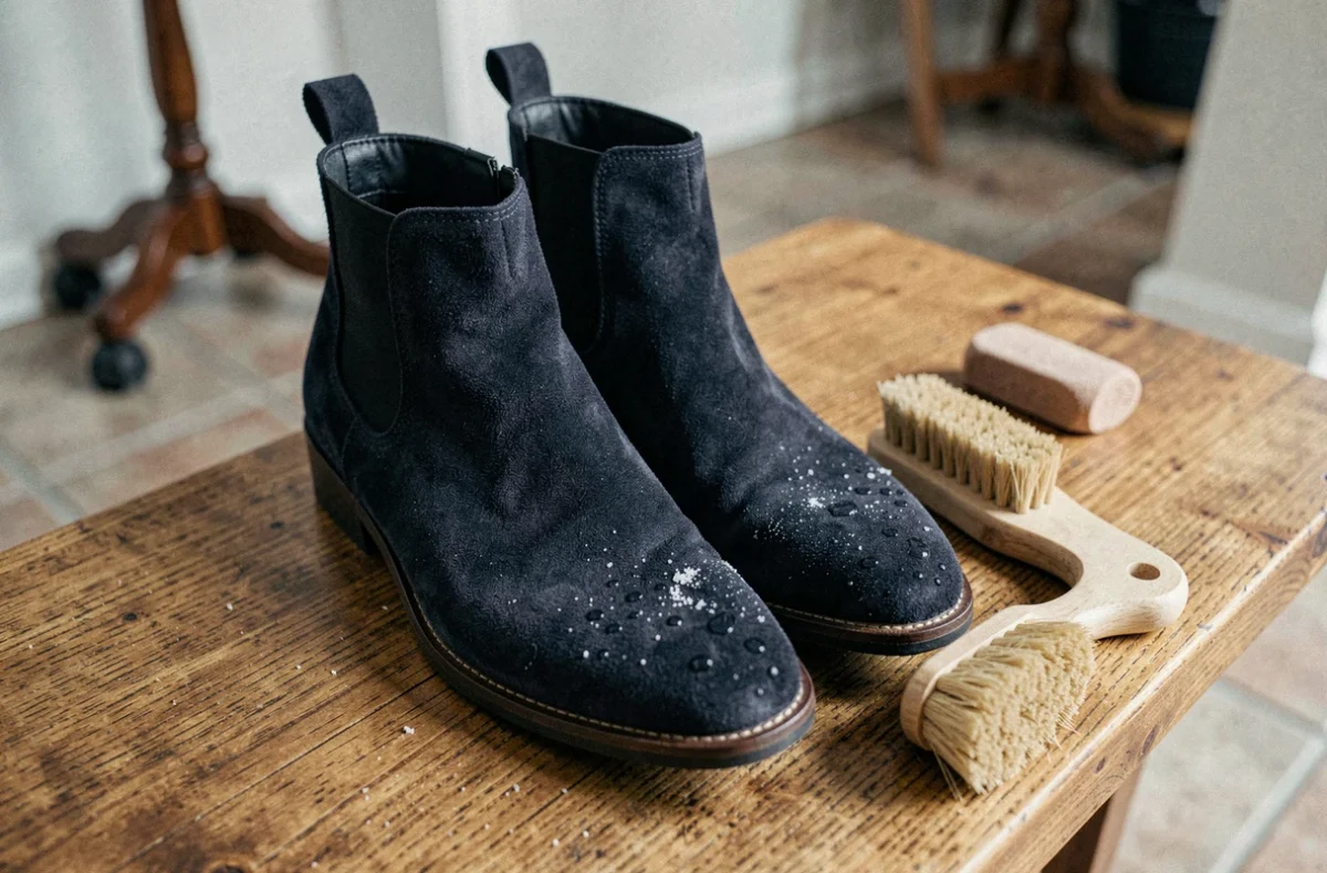 Chaussures en daim bleu marine avec résidus de sel posées sur un banc d'entrée en bois, accompagnées d'une brosse et d'une gomme spéciale daim pour l'entretien hivernal