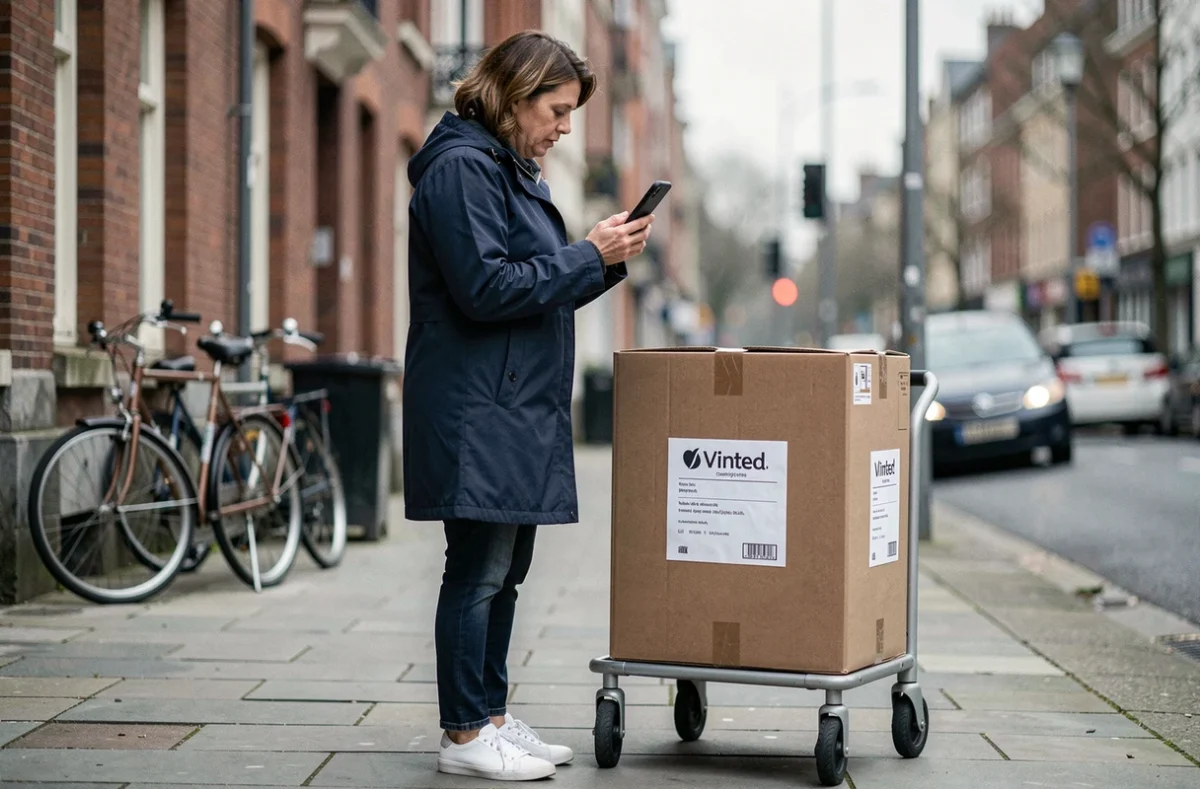 Femme vérifiant son téléphone avec un grand colis Vinted Go sur un chariot dans une rue urbaine