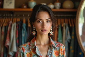 Femme portant une boucle d'oreille bohème trop volumineuse avec une tenue aux motifs qui se disputent, erreur de style à éviter