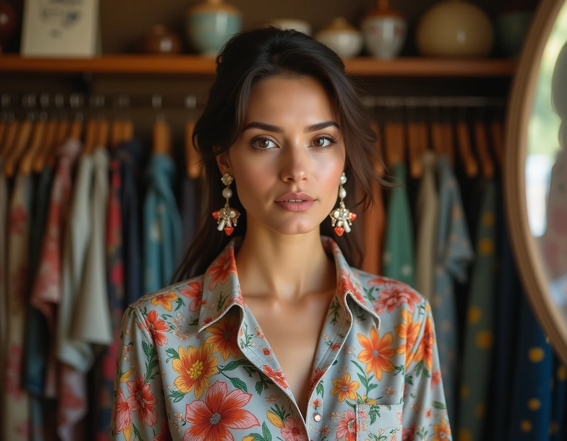 Femme portant une boucle d'oreille bohème trop volumineuse avec une tenue aux motifs qui se disputent, erreur de style à éviter