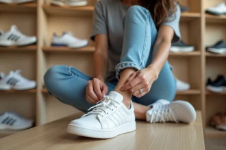 Femme essayant une chaussure Adidas en magasin et vérifiant l'espace au bout des orteils pour trouver la bonne pointure