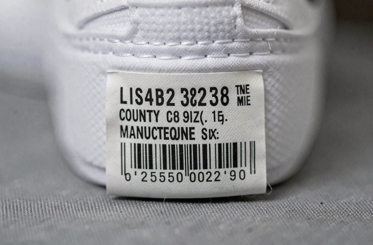 Gros plan sur l'étiquette intérieure d'une Nike TN Lisboa authentique montrant le numéro de série, les coutures et le code-barres pour authentification