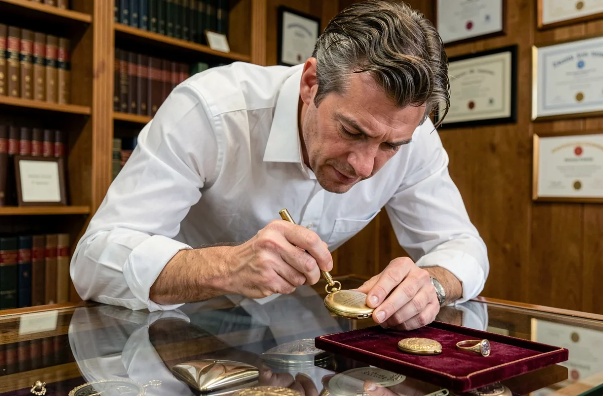 Expert en bijouterie ancienne inspectant le poinçon d'une montre en or lors d'une évaluation de succession
