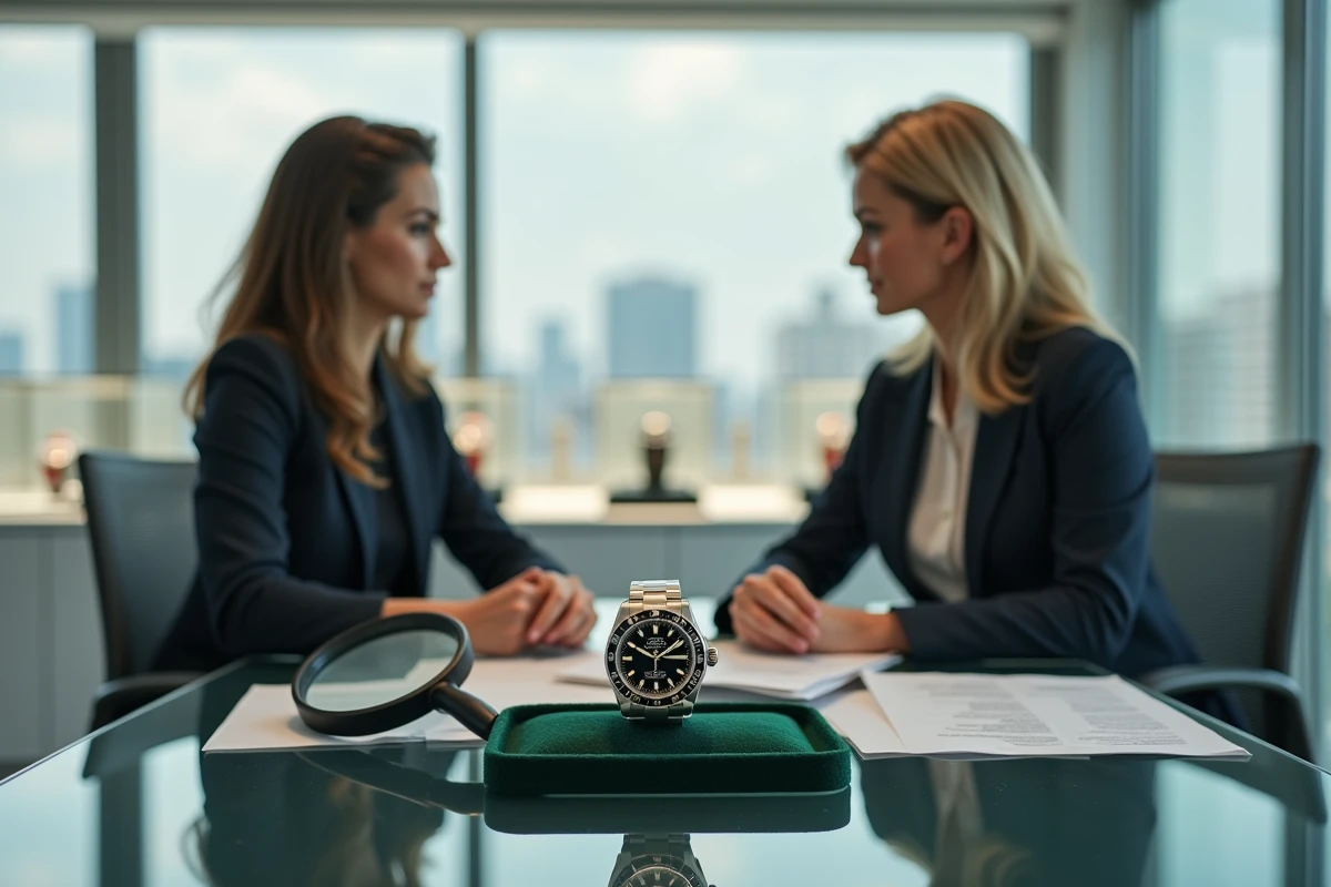 Deux expertes en horlogerie évaluant le prix d'investissement d'une Rolex Daytona lors d'une expertise professionnelle en boutique