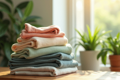 Pile de tissus écologiques aux couleurs naturelles sur une table