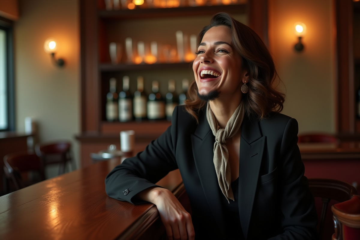 Femme riant au bar dans un lounge élégant