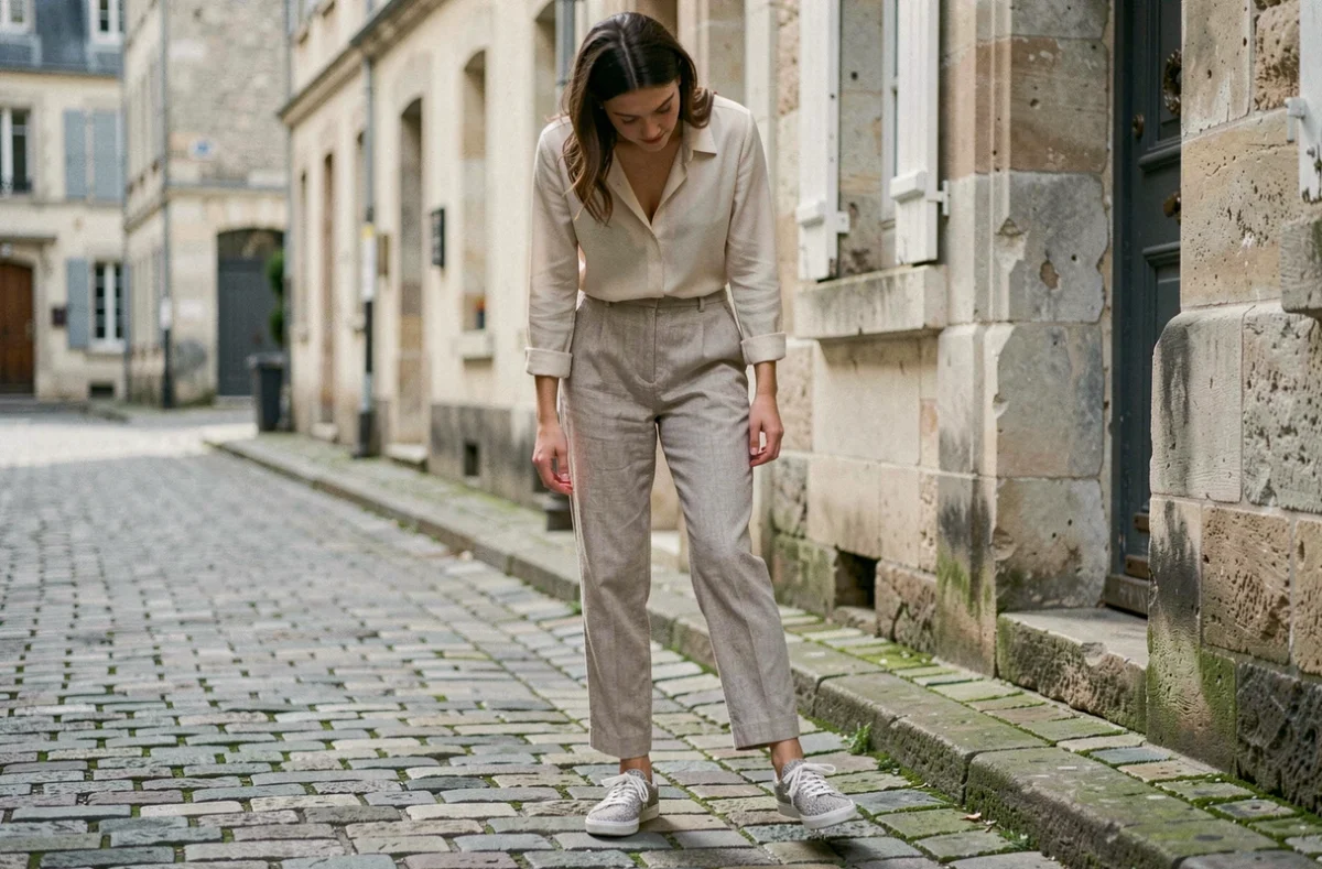 Jeune femme portant des baskets françaises en matières recyclées dans une rue pavée d'une ville française, tenue sobre en lin, regard posé sur ses chaussures éco-responsables