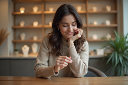 Jeune femme en cashmere dans une bijouterie délicate