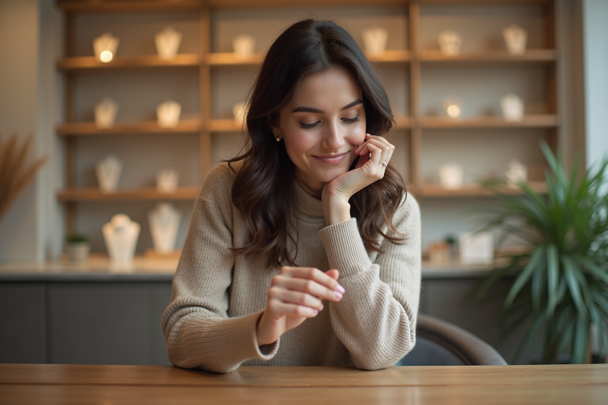 Jeune femme en cashmere dans une bijouterie délicate