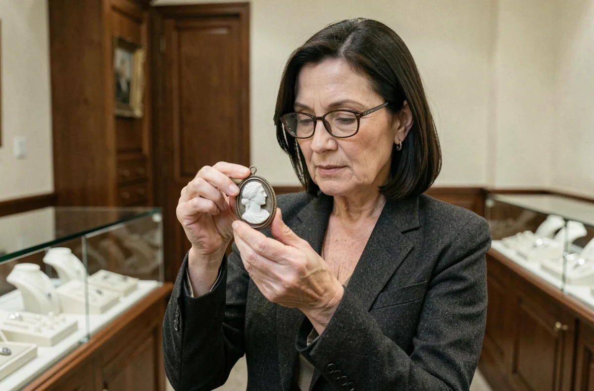 Femme élégante examinant un pendentif camée ancien dans une bijouterie de luxe, guide d'achat bijou de valeur