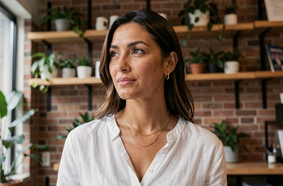 Femme portant des bijoux plaqués or, collier doré et boucles d'oreilles créoles, dans un café moderne avec une ambiance décontractée et naturelle