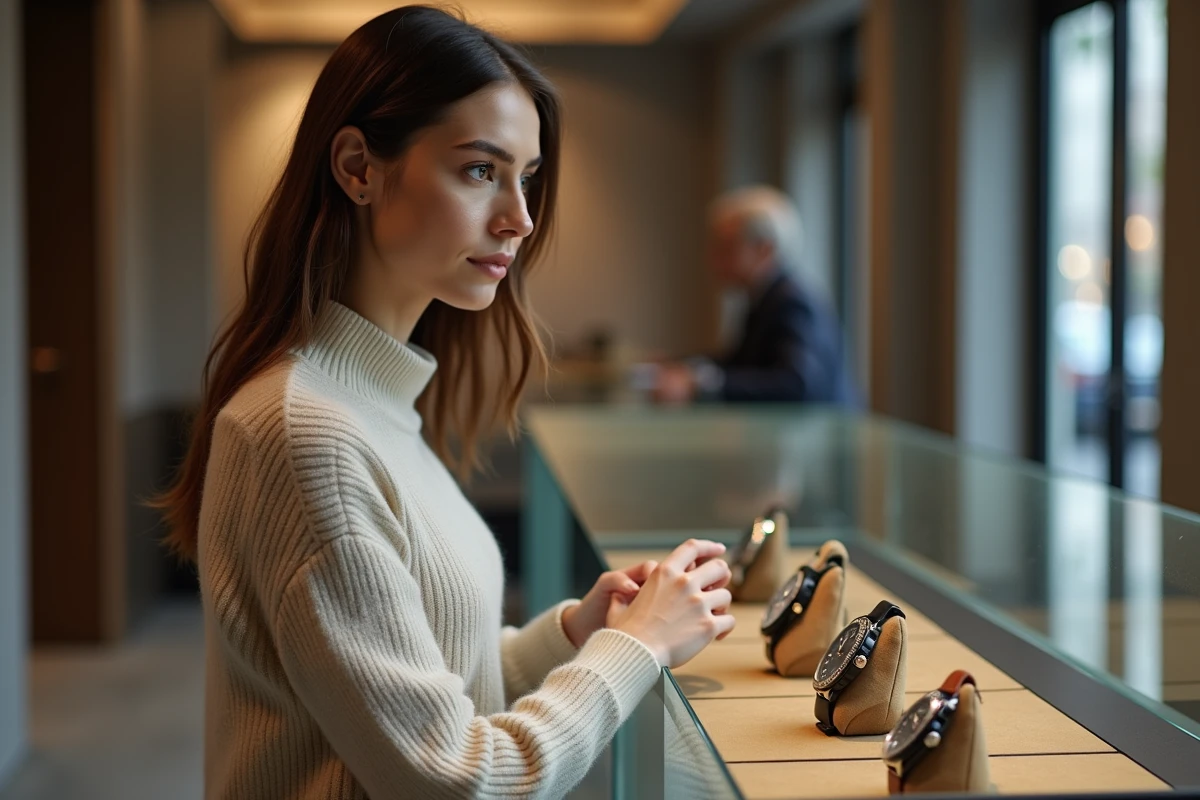 Jeune femme admirant des montres dans une boutique haut de gamme