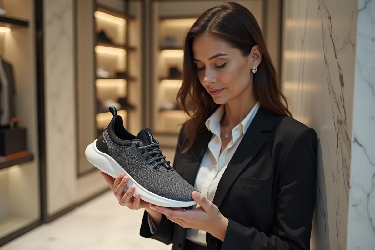 Femme d affaires examinant une sneaker dans une boutique