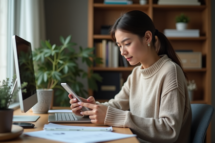 Jeune femme au bureau analysant des données sur smartphone