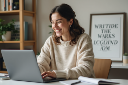 Jeune femme souriante au bureau à domicile