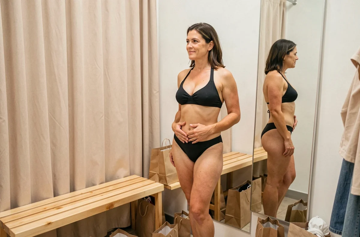 Femme d'une quarantaine d'années devant un miroir en cabine d'essayage portant un maillot deux pièces, regard serein et assumé sur son corps