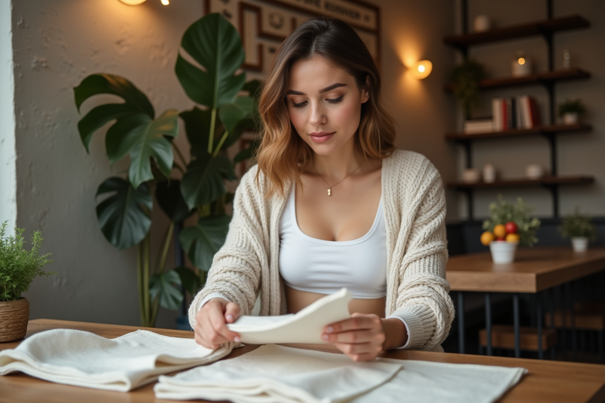 Femme examinant des échantillons de tissu dans un café chaleureux