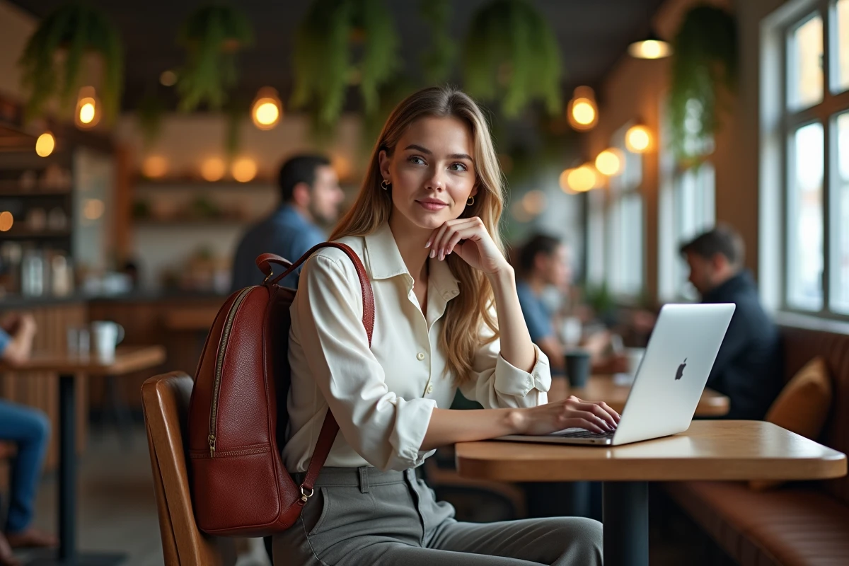 Femme au café travaillant sur son ordinateur avec un sac en tissu