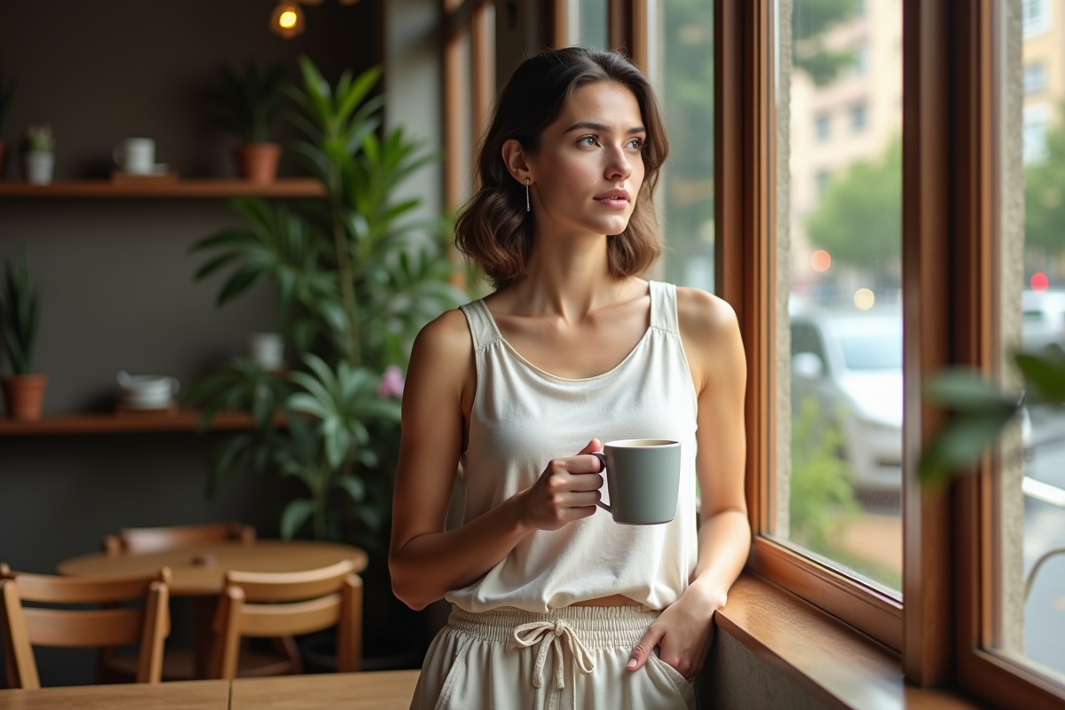 Femme sirotant un café dans un café cosy