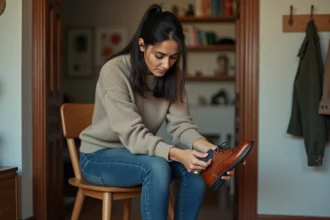 Femme assise dans un appartement en train d'enfiler une chaussure en cuir