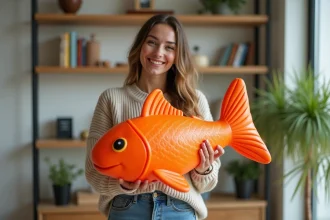 Femme tenant une claquette poisson en caoutchouc comme cadeau humoristique dans un salon moderne