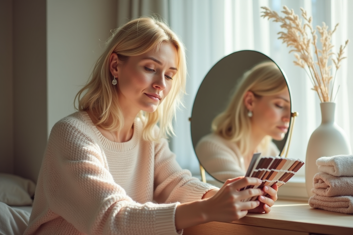 Femme blonde examinant des échantillons de couleur de cheveux
