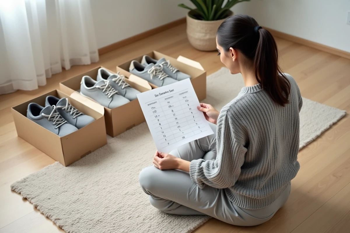 Femme consultant un tableau de conversion de pointures UK assise sur le sol entourée de boîtes de chaussures grande taille