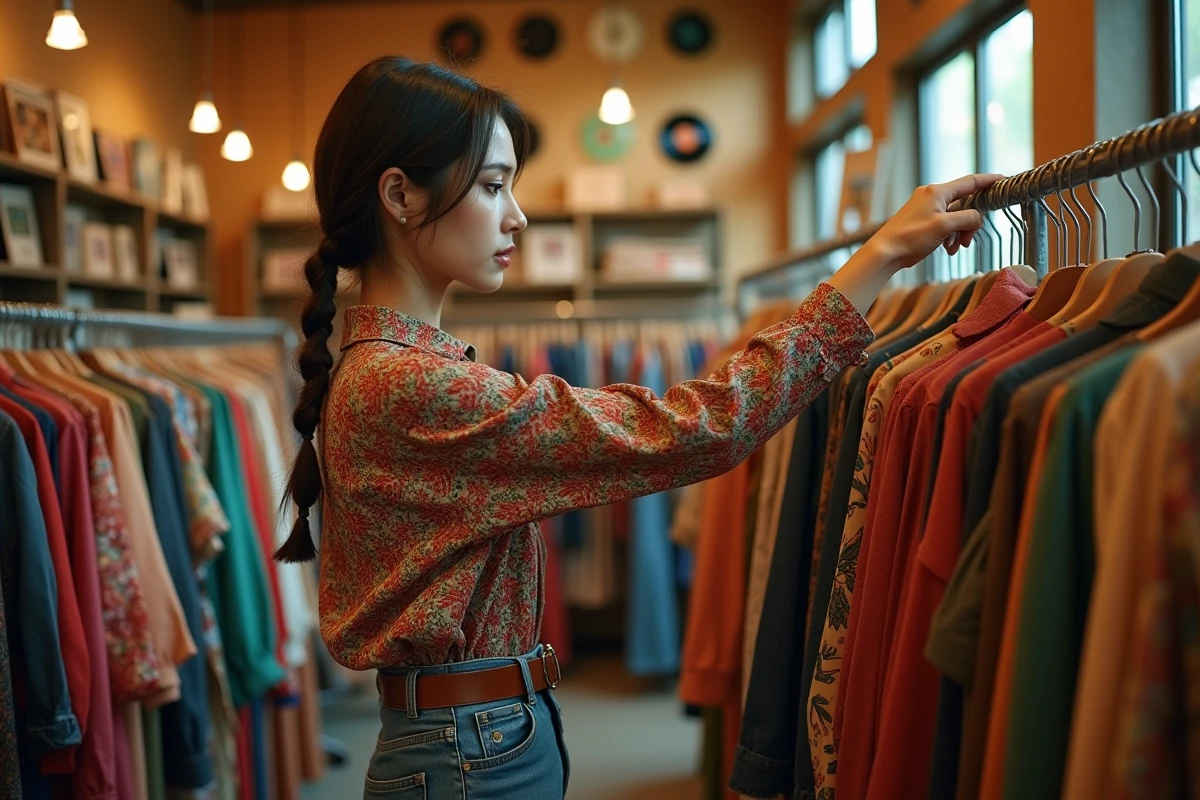 Femme en jean flare et sabots en bois explorant des vêtements vintage années 70 dans une friperie rétro
