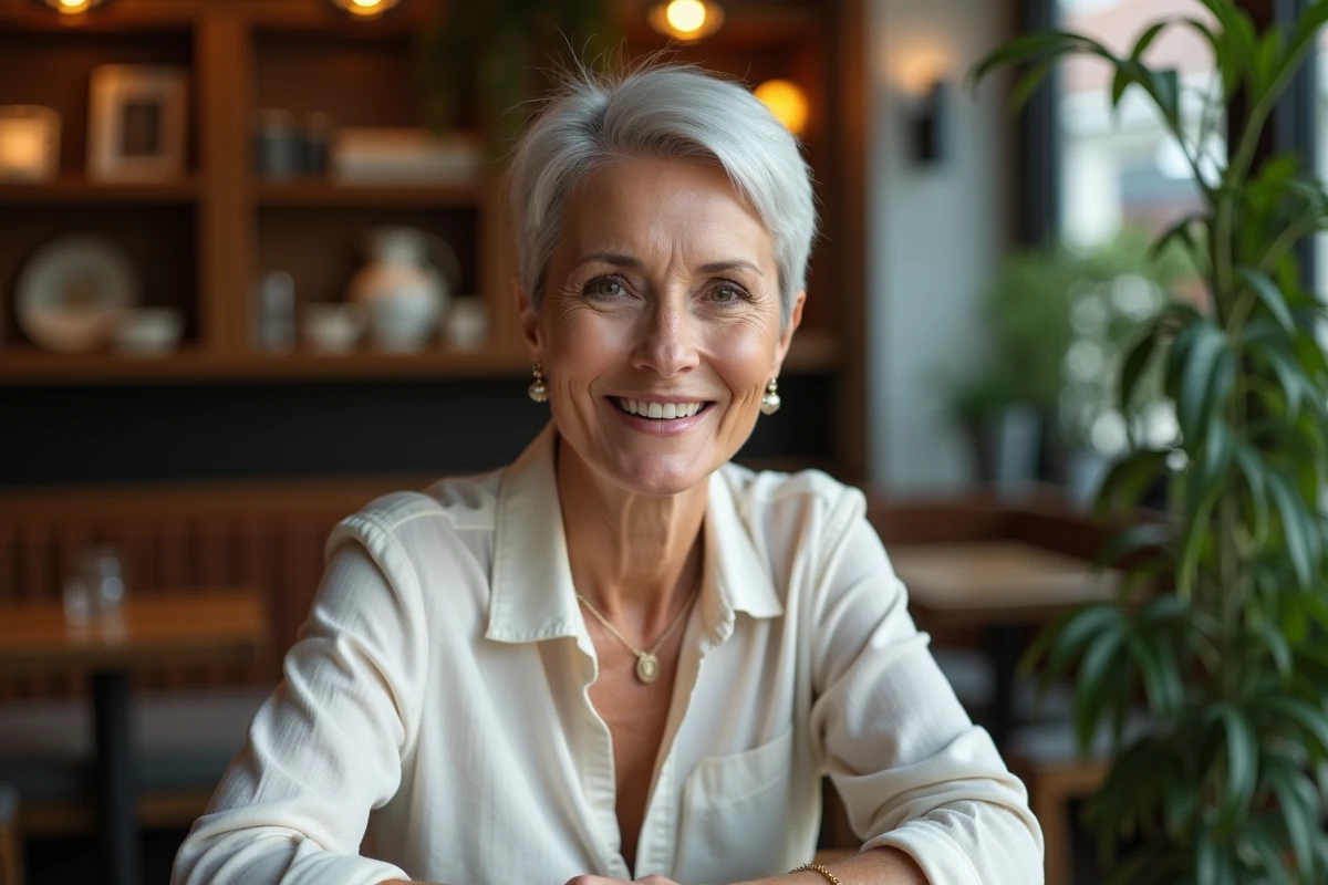 Femme élégante à la coiffure courte dans un café chaleureux