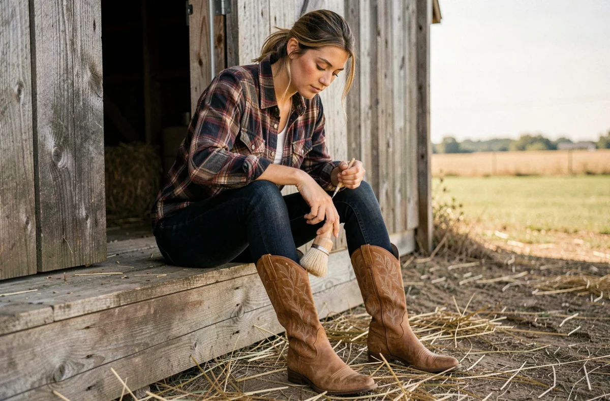 Jeune femme appliquant du conditionneur sur ses bottes cowboy western en cuir avec une brosse douce, assise sur les marches d'une grange rustique